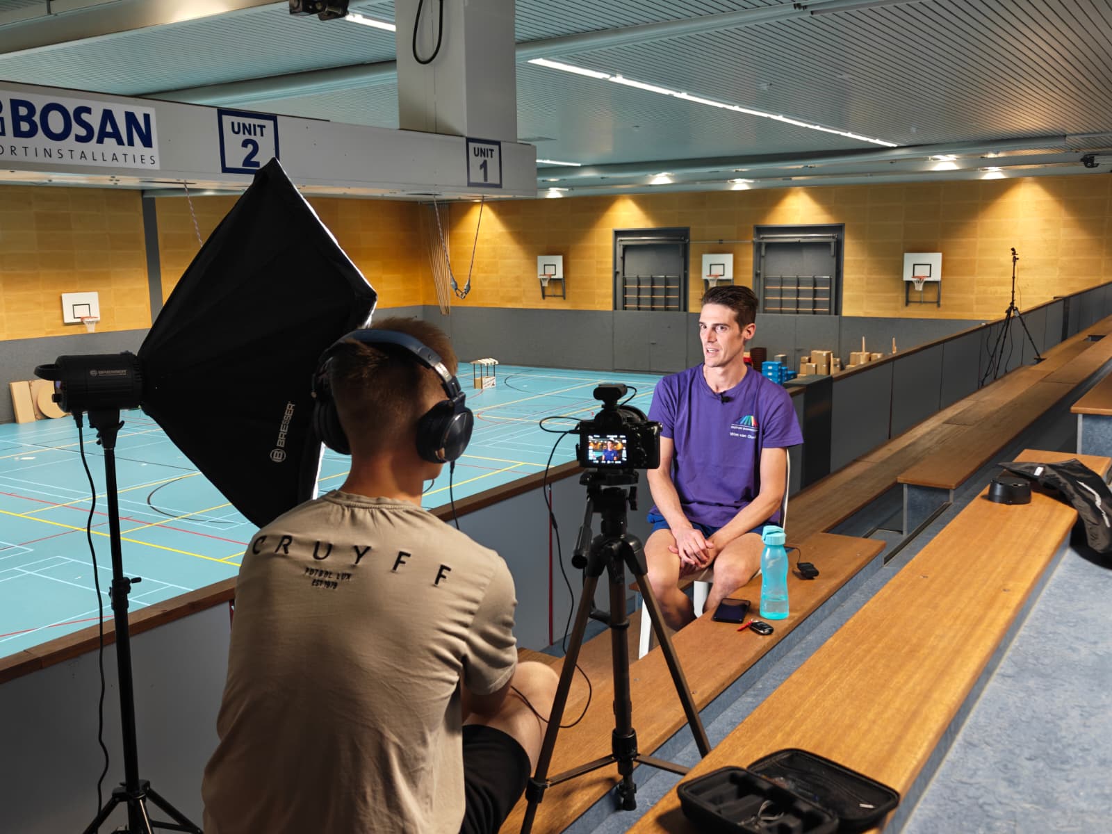 Interview setup in a sports hall